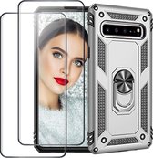 Samsung Galaxy S10 hoesje Schokbestendige ring armor met 2X volledige schermdekking Screenprotector zilver