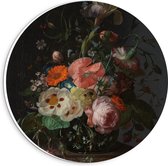 Forex Wandcirkel - Oude meesters - Stilleven: bloemen op marmeren tafel, Rachel Ruysch - 20x20cm Foto op Wandcirkel (met ophangsysteem)
