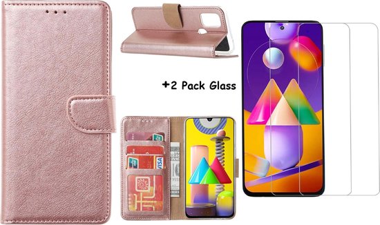 Hoesje Geschikt Voor Samsung Galaxy M31S Boek Hoesje / Wallet cover - Rose Goud Met 2X glas Screenprotector