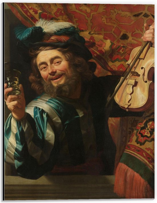 Dibond - Oude meesters - Een vrolijke vioolspeler, Gerard van Honthorst, 1623 - 30x40cm Foto op Aluminium (Met Ophangsysteem)