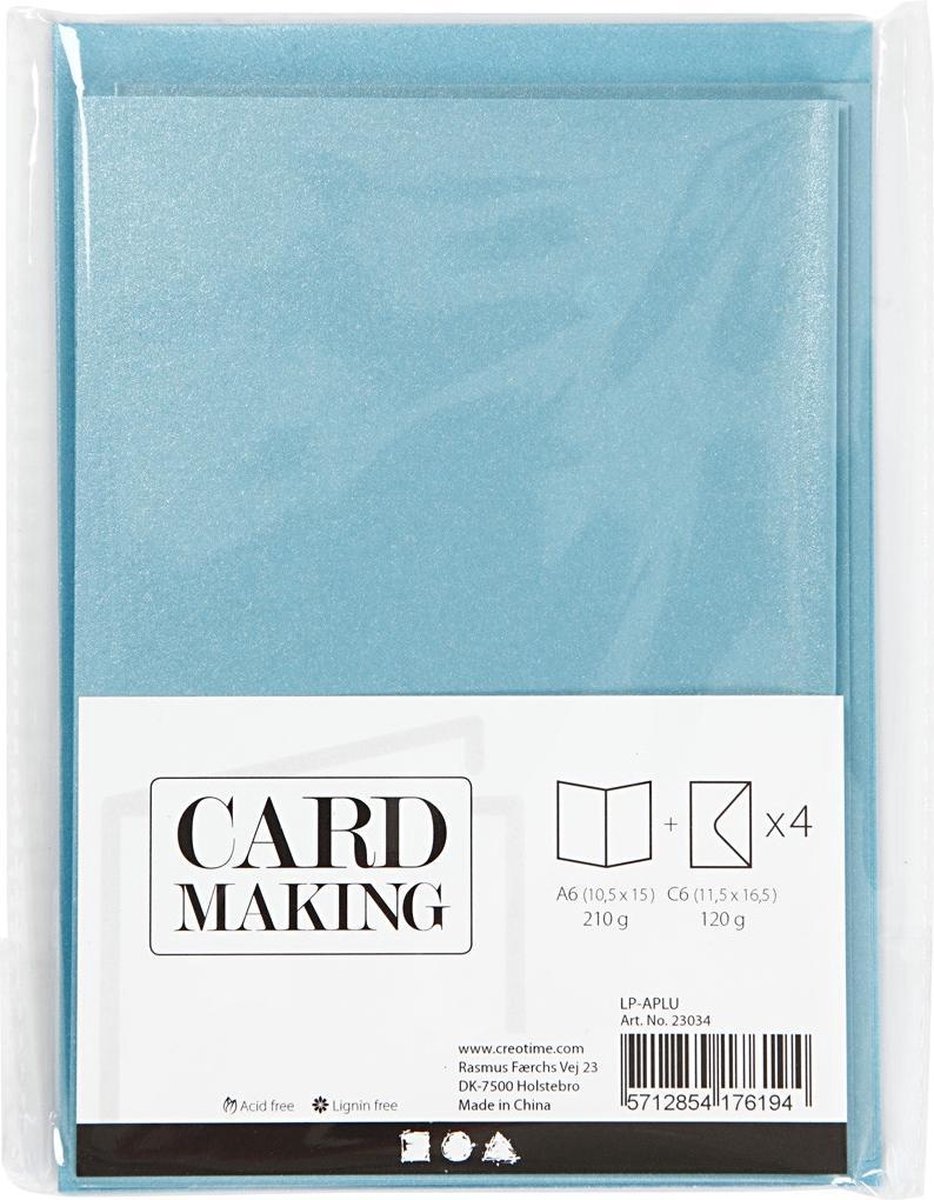Cartes et enveloppes, dimension carte 10,5x15 cm, dimension enveloppes  11,5x16,5 cm, bleu, nacre, 4sets