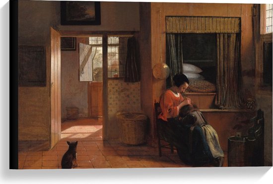 Canvas  - Oude Meesters - Moeder die haar van kind reinigt, Pieter de Hooch,  - 60x40cm Foto op Canvas Schilderij (Wanddecoratie op Canvas)