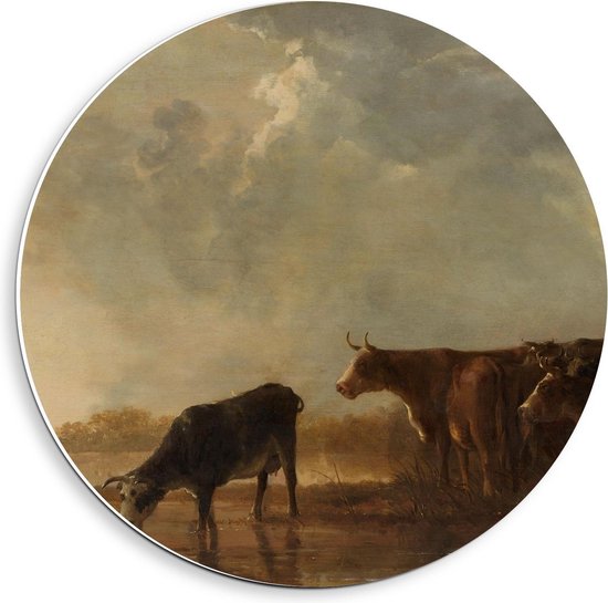 Forex Wandcirkel - Oude Meesters - Rivierlandschap met koeien, Aelbert Cuyp, 1640 - 1650 - 40x40cm Foto op Wandcirkel (met ophangsysteem)