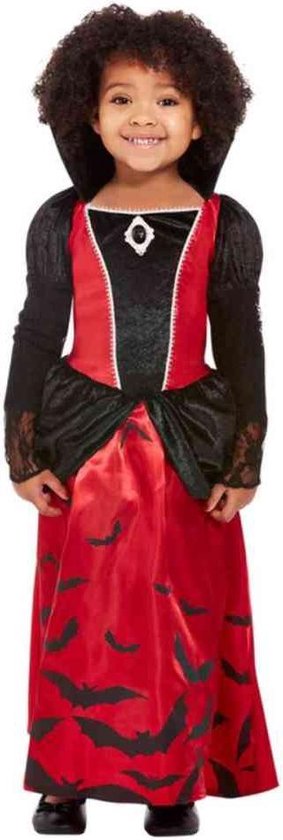 Smiffy's - Vampier & Dracula Kostuum - Rode Vleermuis Jurk Meisje - Rood, Zwart - Maat 116 - Halloween - Verkleedkleding