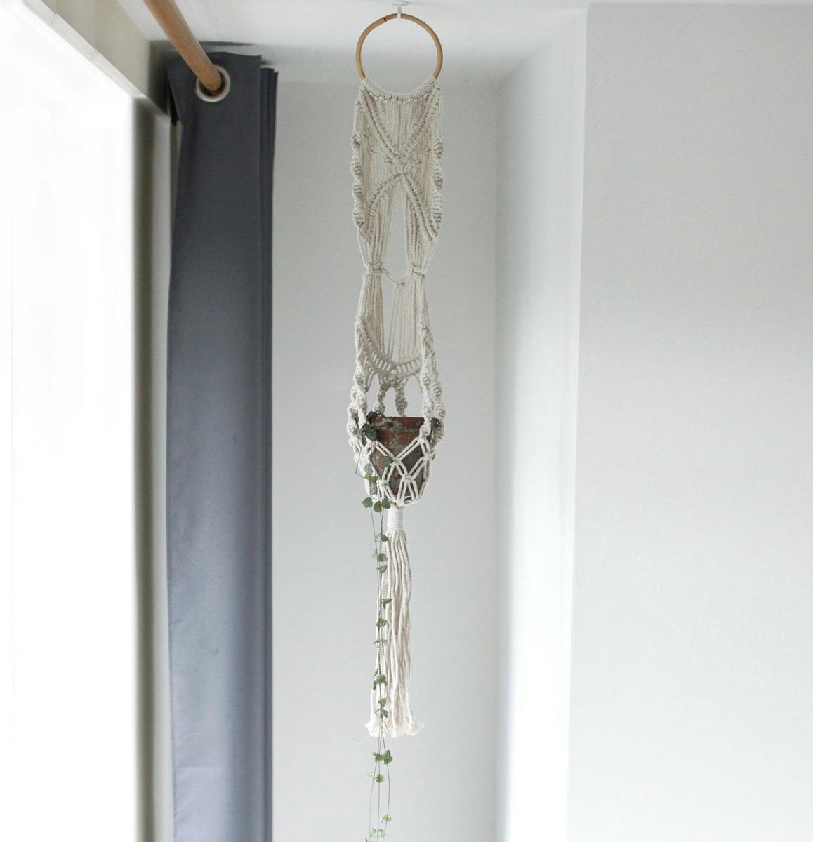 Macramé pannenlap - lang met rattenring