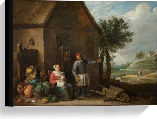 Canvas  - Oude Meesters - Een boer, vrouw & kind voor boerderij, David Teniers - 40x30cm Foto op Canvas Schilderij (Wanddecoratie op Canvas)