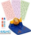 Afbeelding van het spelletje Bingo spel blauw/geel/oranje complete set 25 x 22 cm nummers 1-90 met molen, 148x bingokaarten en 2x stiften - Bingospel - Bingo spellen - Bingomolen met bingokaarten - Bingo spelen
