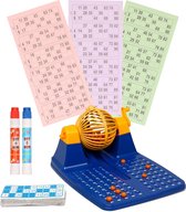 Bingo spel blauw/geel/oranje complete set 25 x 22 cm nummers 1-90 met molen, 148x bingokaarten en 2x stiften - Bingospel - Bingo spellen - Bingomolen met bingokaarten - Bingo spelen