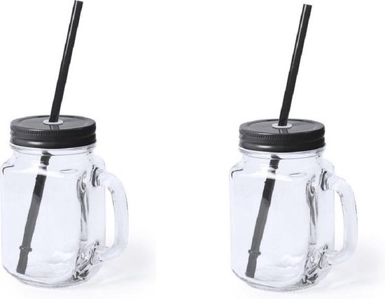 Bellatio Design Mason Jar Drinkfles met rietje - 500ml - Glas - Zwart - 2 stuks