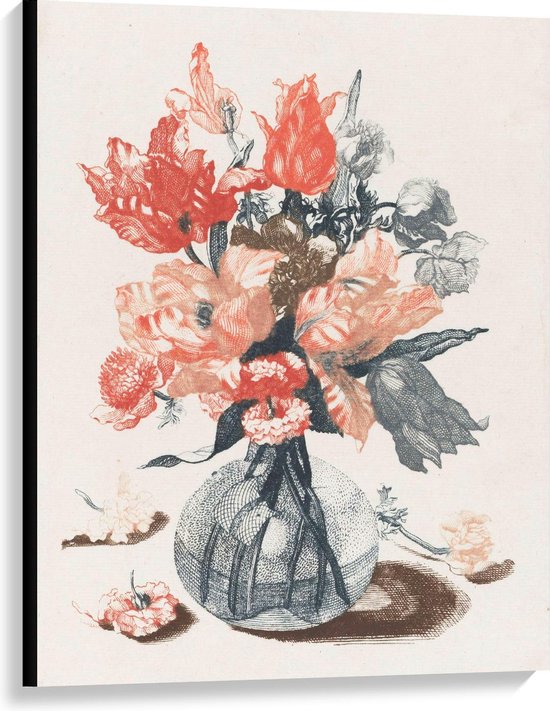 Canvas - Vaas met Roze Bloemen - Tekening - Foto op Canvas Schilderij (Wanddecoratie op Canvas)