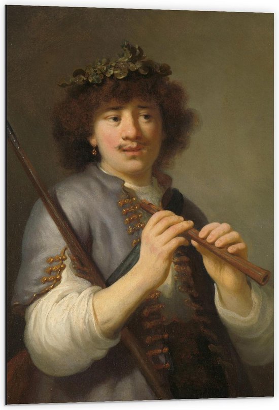 Dibond - Oude meesters - Rembrandt als herder met staf en fluit, Govert Flinck - 60x90cm Foto op Aluminium (Met Ophangsysteem)