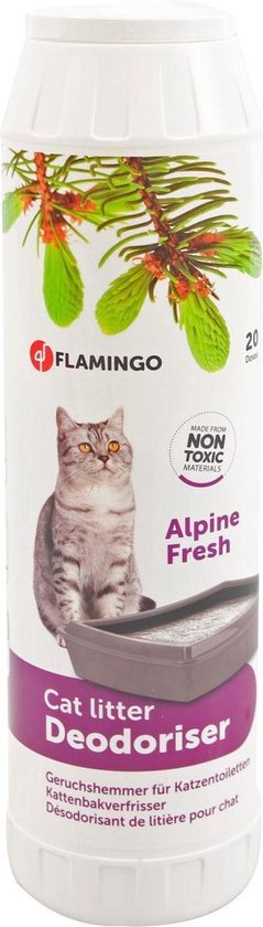 Désodorisant pour litière Flamingo Cat Litter Deodoriser Alpine Fresh avec des branches de pin et un chat dans une litière. Fabriqué à partir de matériaux non toxiques.