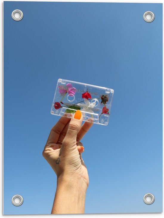 Tuinposter – Doorzichtig Cassettebandje met Bloemetjes  - 30x40cm Foto op Tuinposter  (wanddecoratie voor buiten en binnen)