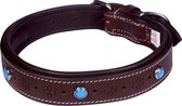 Luxe Halsband voor Honden - Steentjes en Bloemen - Echt Leer / Leder - Maat S - 49x2,5 cm - Bruin