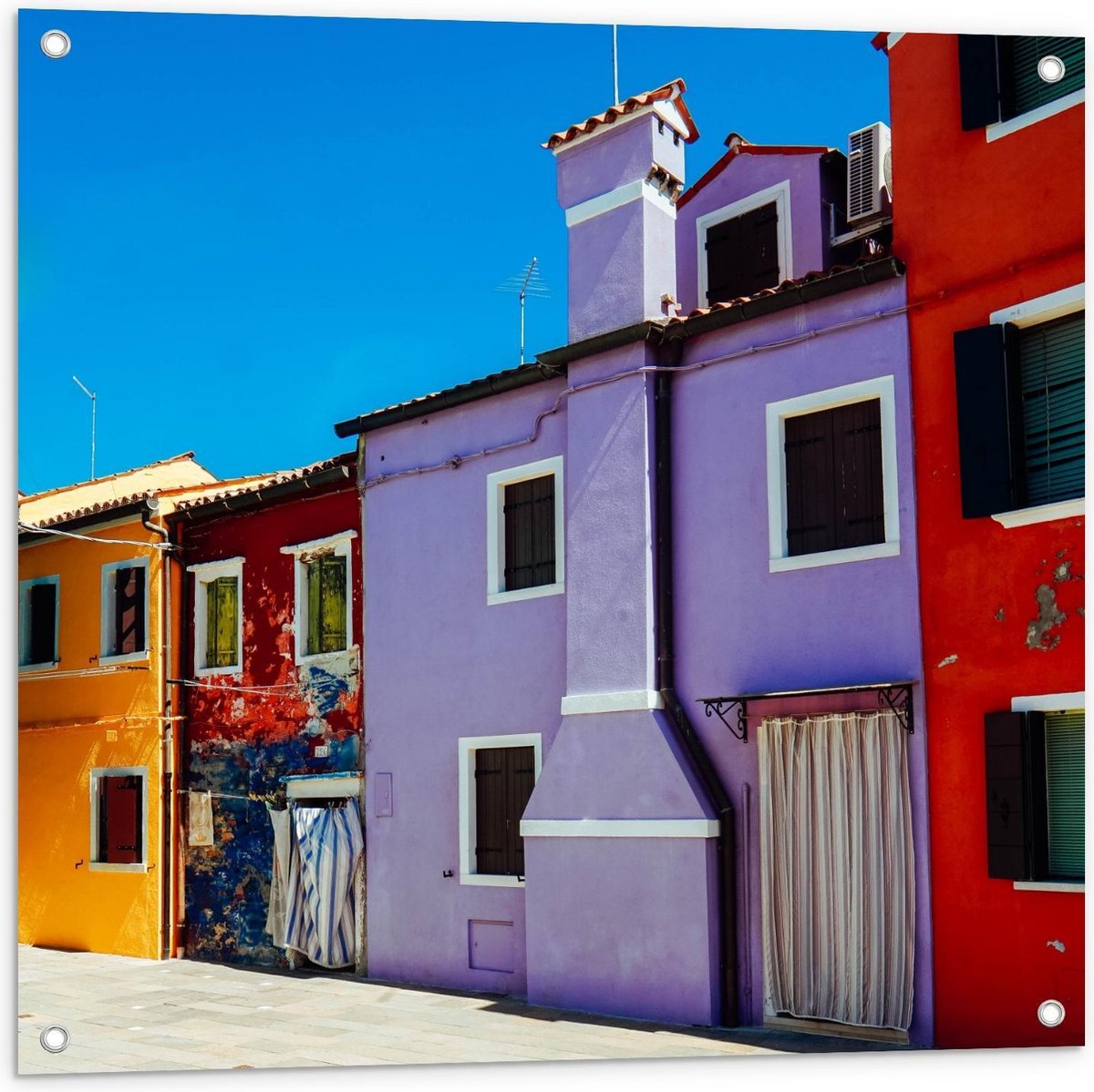Tuinposter – Gekleurde Gebouwen op Rij - 80x80cm Foto op Tuinposter (wanddecoratie voor buiten en binnen)