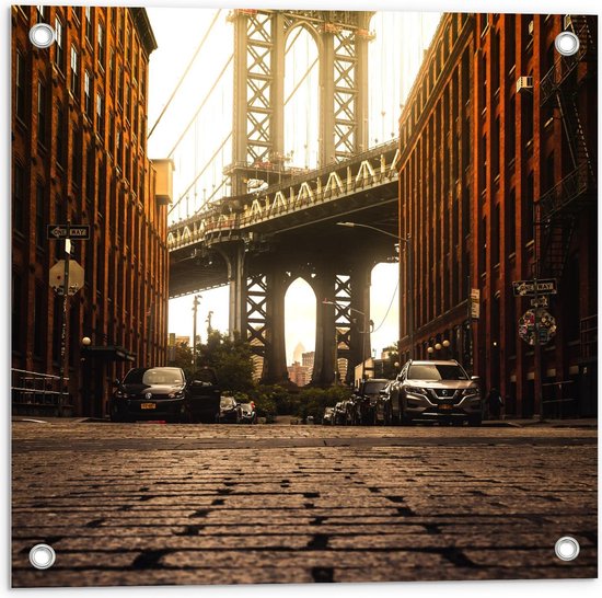 Tuinposter – Brooklyn Bridge Park - New York - 50x50cm Foto op Tuinposter  (wanddecoratie voor buiten en binnen)