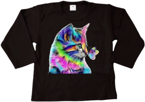 Shirt kind - Shirt met print poes vlinder - Zwart - Stoer zacht shirt met lange mouwen