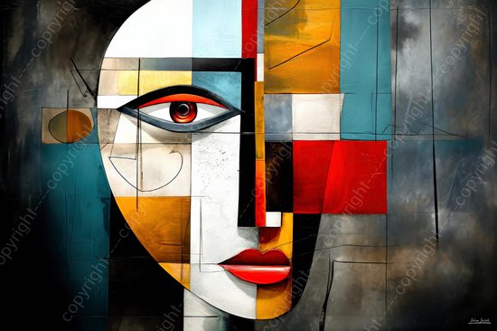 JJ-Art (Glas) 60x40 | Man, vrouw, gezicht, abstract, kubisme, Picasso stijl, kunst | mens, oog, lippen, rood, geel, blauw, grijs, wit, modern | Foto-schilderij-glasschilderij-acrylglas-acrylaat-wanddecoratie