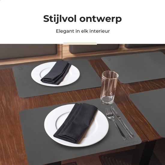 Castagnola Napperons aspect cuir – Set de table antidérapant en simili cuir – Sous-couche hydrofuge – Dessous de verre – 6 pièces – 45 x 30 cm – Grijs