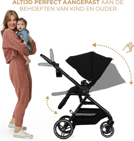 Kinderkraft YOXI - 2-in-1 Kinderwagen - Geschikt van geboorte tot 27 kg - Verstelbare rugleuning en voetensteun - Opvouwbaar en lichtgewicht - Inclusief regenscherm, voetenzak, muggennet, bekerhouder en luiertas - Duurzame, lekvrije wielen - Zwart van Kinderkraft — afbeelding 3