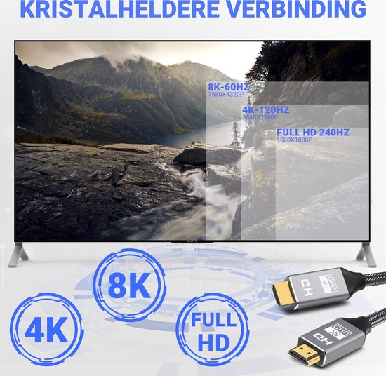 Een grote, platte tv die een berglandschap met een waterval toont, met informatie over 8K-60Hz, 4K-120Hz en Full HD 240Hz. Twee HDMI 2.1-kabels liggen vooraan.