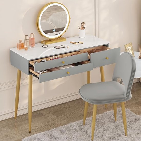Dressing Table with Lighting, Adjustable LED Mirror Light, Dressing Table with 3 Drawers, Large Table Top 100x40 cm, Dressing Table with Velvet Stool, Grey + Gold