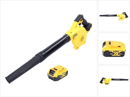 De gele en zwarte DeWalt accubladblazer met zwarte buis en een losse 18V 5.0Ah accu, getoond in meerdere aanzichten.