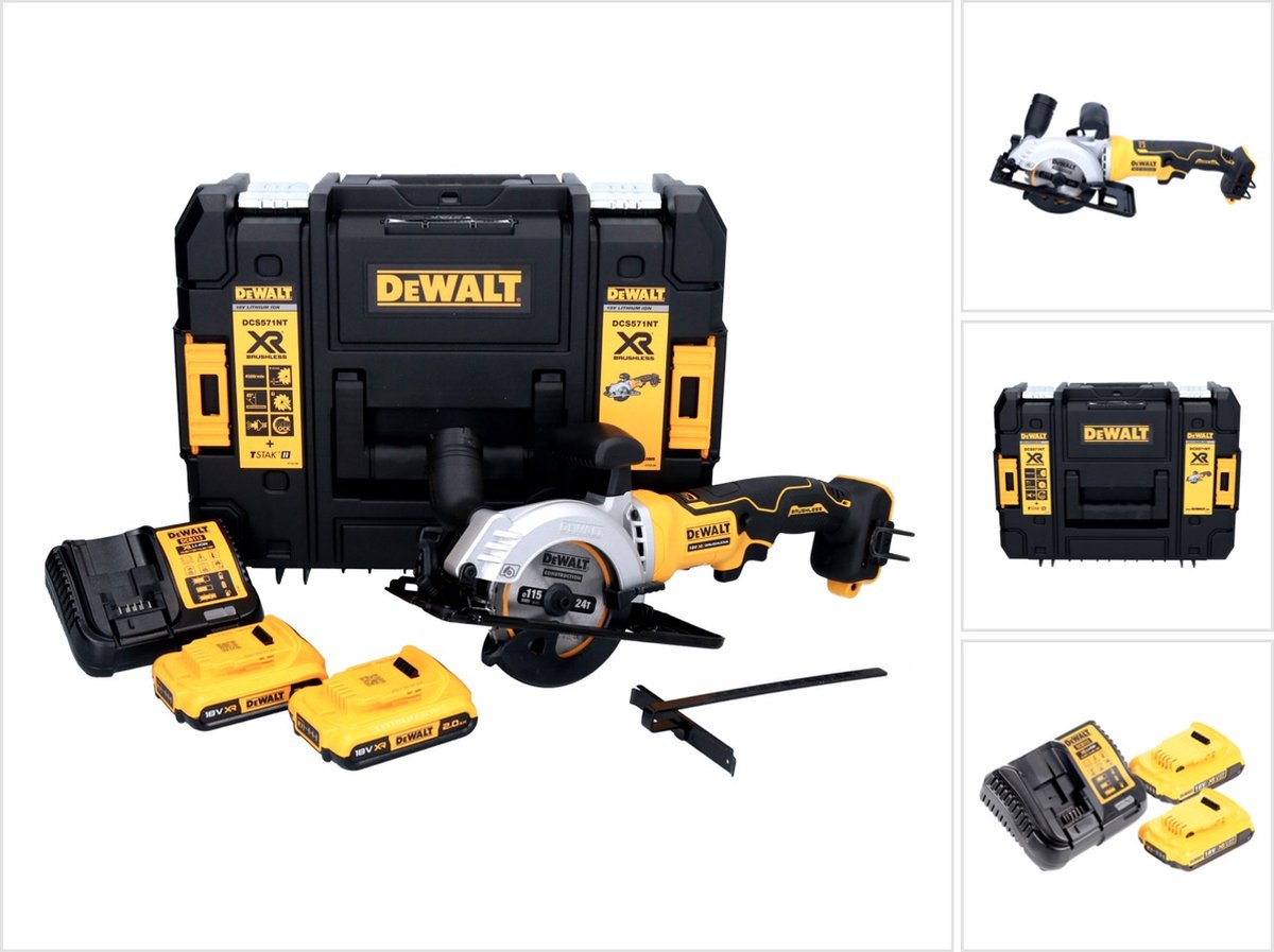 DeWalt DCS 571 D2 accucirkelzaag 18 V 115 mm borstelloos + 2x accu 2.0 Ah + lader + TSTAK
