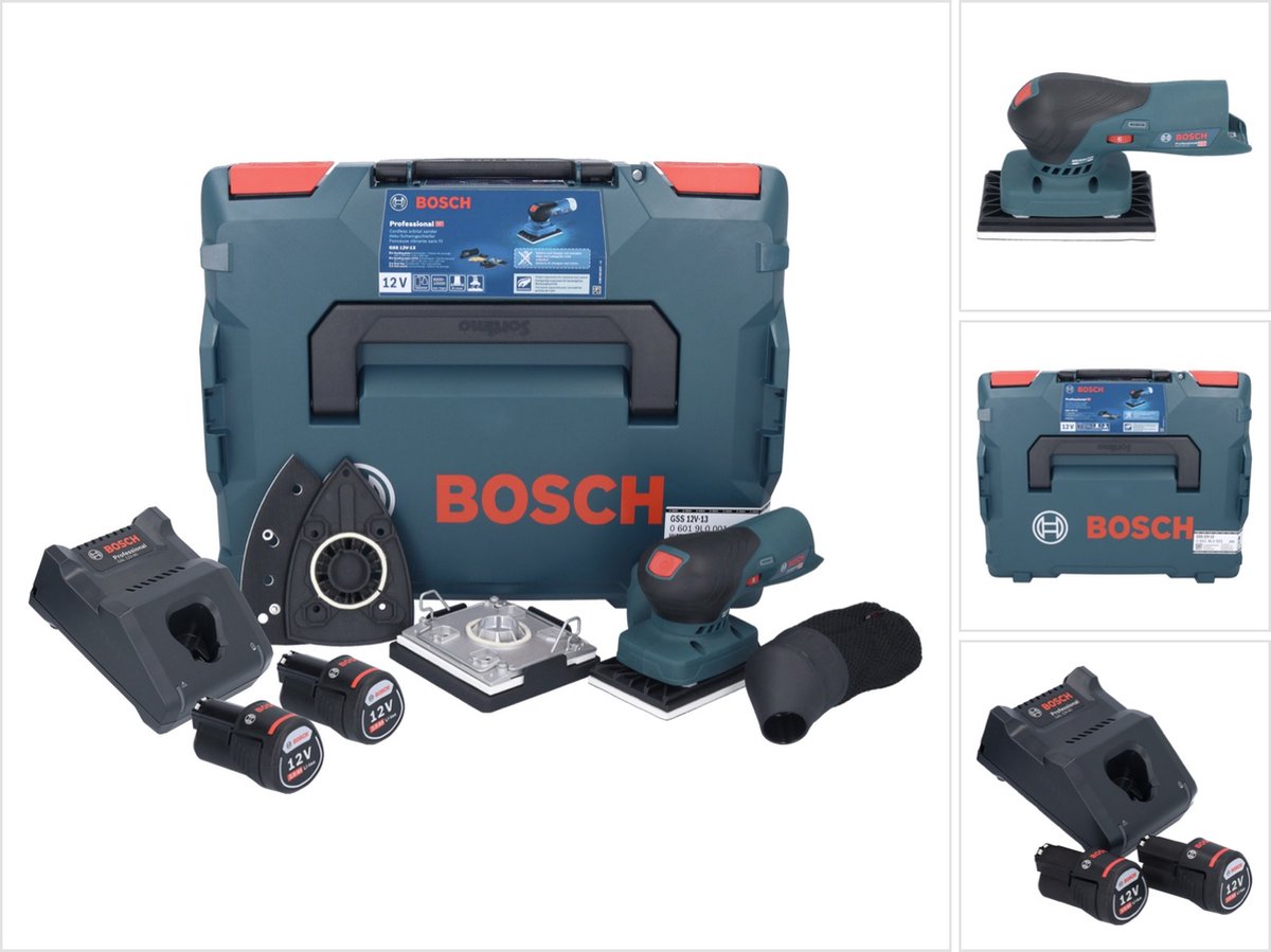 Bosch Professional Bosch GSS 12V-13 Professionele accu vlakschuurmachine 12 V + 2x accu 2.0 Ah + lader + L-BOXX