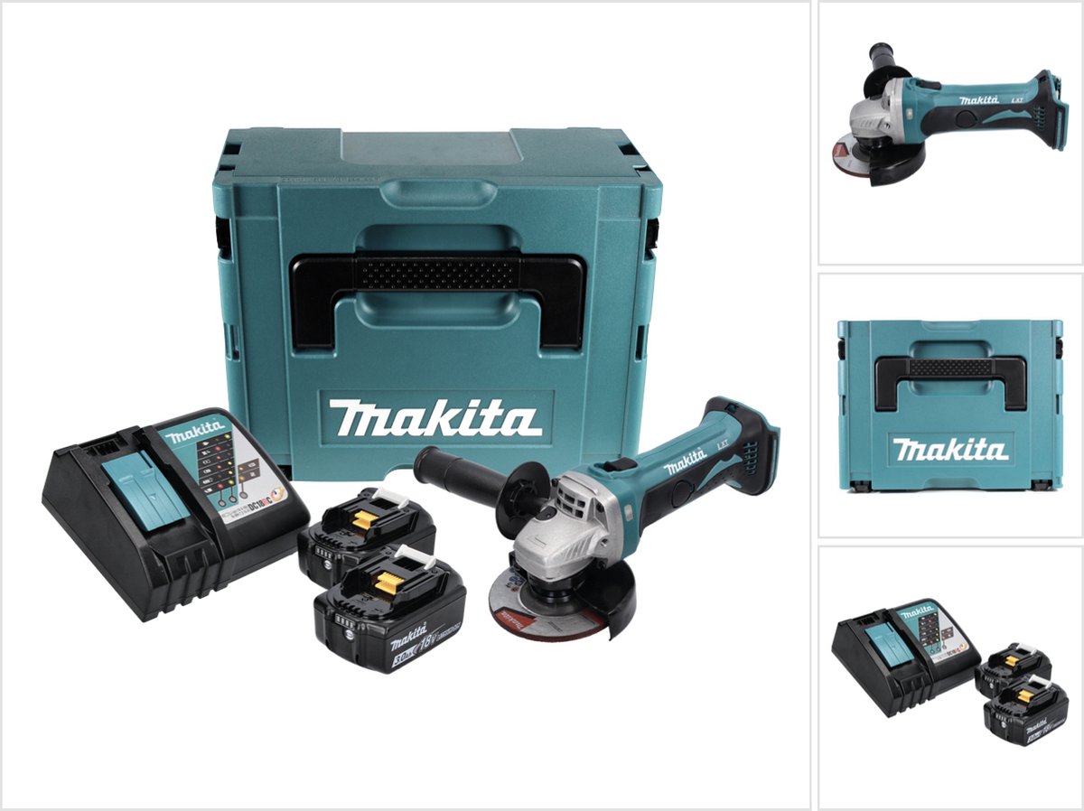 Makita DGA 452 RFJ accu haakse slijper 18 V 115 mm + 2x accu 3,0 Ah + oplader + Makpac