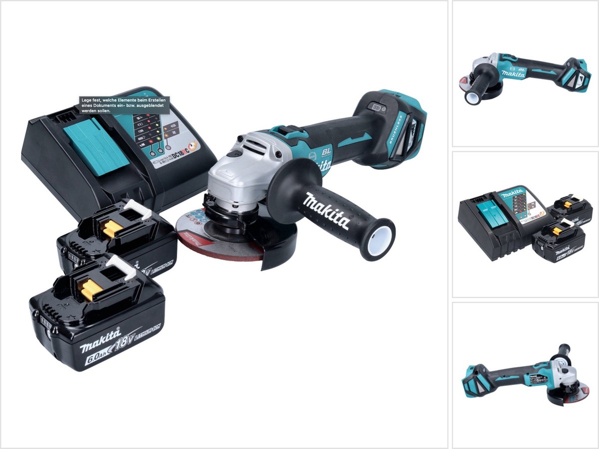 Makita DGA 513 RG accu haakse slijper 18 V 125 mm borstelloos + 2x accu 6.0 Ah + lader