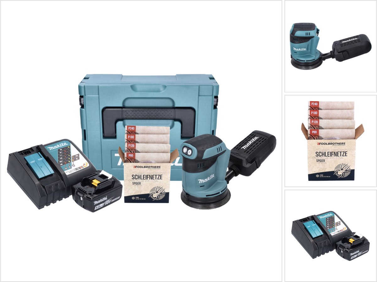 Makita DBO 180 RT1J accu excentrische schuurmachine 18 V 125 mm + 1x accu 5,0 Ah + oplader + Toolbrothers SPIDER schuurset netschuurmiddelen + Makpac