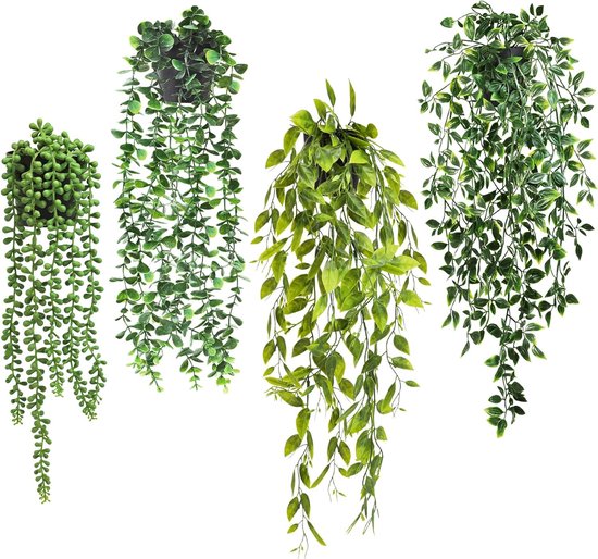 4 stuks kunsthangplanten in pot, kunstplanten, hangende kunstplanten, 65 cm, kunst hangplant kunst zoals echte wijnstok groene plant plastic planten decoratie voor buiten, tuin, kamer, muur