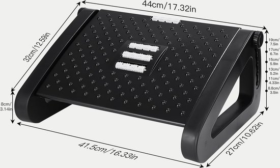 Zwarte ergonomische voetensteun met afmetingen: 44x32x8cm, 41.5x27x21cm.