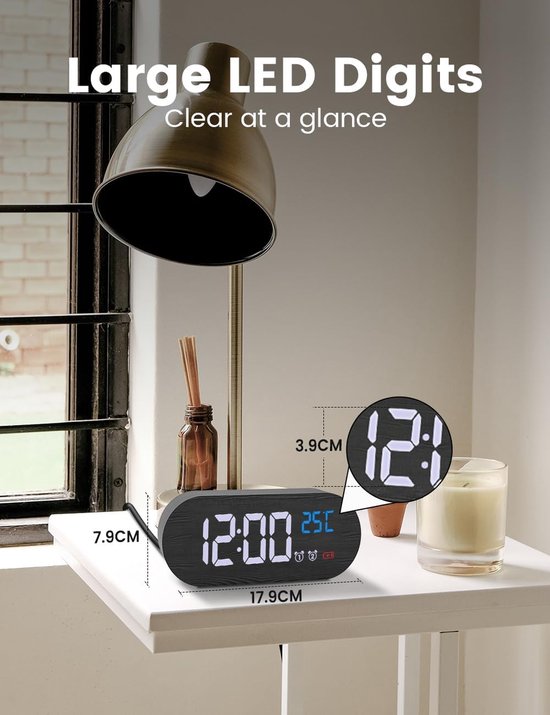 Klok Réveil numérique, réveil LED avec 2 alarmes, 13 sons d'alarme, 5 volumes