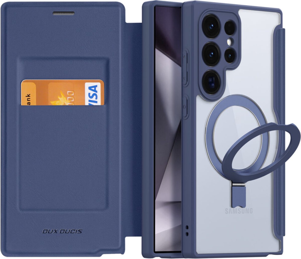 Dux Ducis - Telefoonhoesje geschikt voor Samsung Galaxy S24 Ultra - Hoesje geschikt voor Magsafe Magneet - Met Ringhouder - Skin X Pro Book Case Series - Donker Blauw