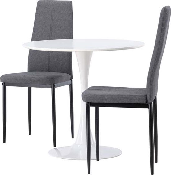 Hamden eethoek tafel wit en 2 Petra stoelen grijs.