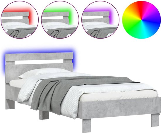 vidaXL - Bedframe - met - hoofdbord - en - LED-verlichting - betongrijs - 75x190 - cm