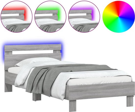 vidaXL - Bedframe - met - hoofdbord - en - LED - grijs - sonoma - eikenkleur - 75x190 - cm