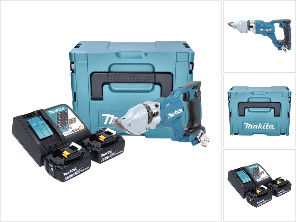 Makita DJS 200 RTJ accu plaatschaar 18 V 2.0 mm borstelloos + 2x accu 5.0 Ah + lader + Makpac