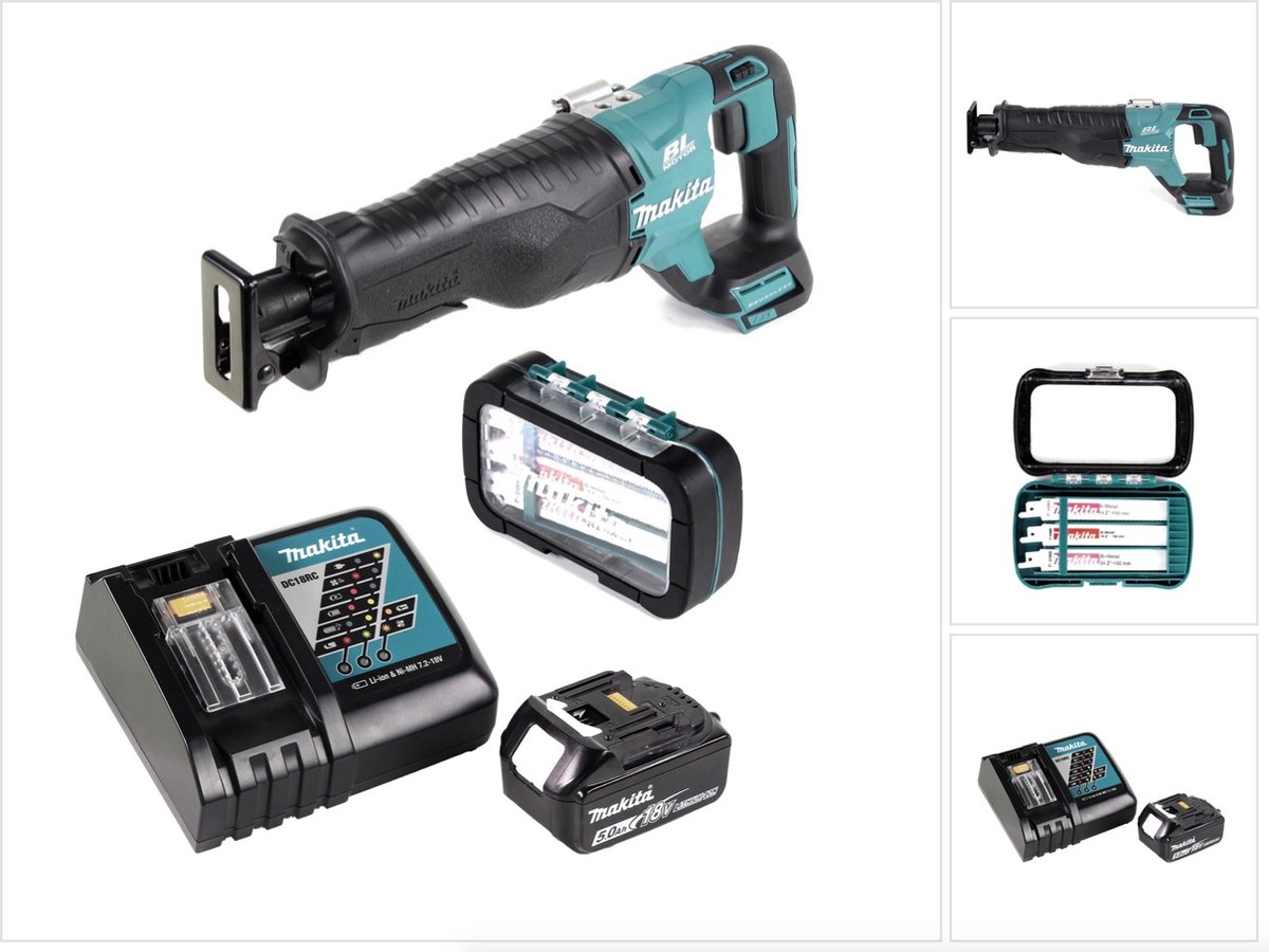 Makita DJR 187 RT accu reciprozaag 18 V borstelloze reciprozaag + 1x assortiment reciprozaagbladen ( P-81290 ) + 1x 5,0 Ah accu + oplader