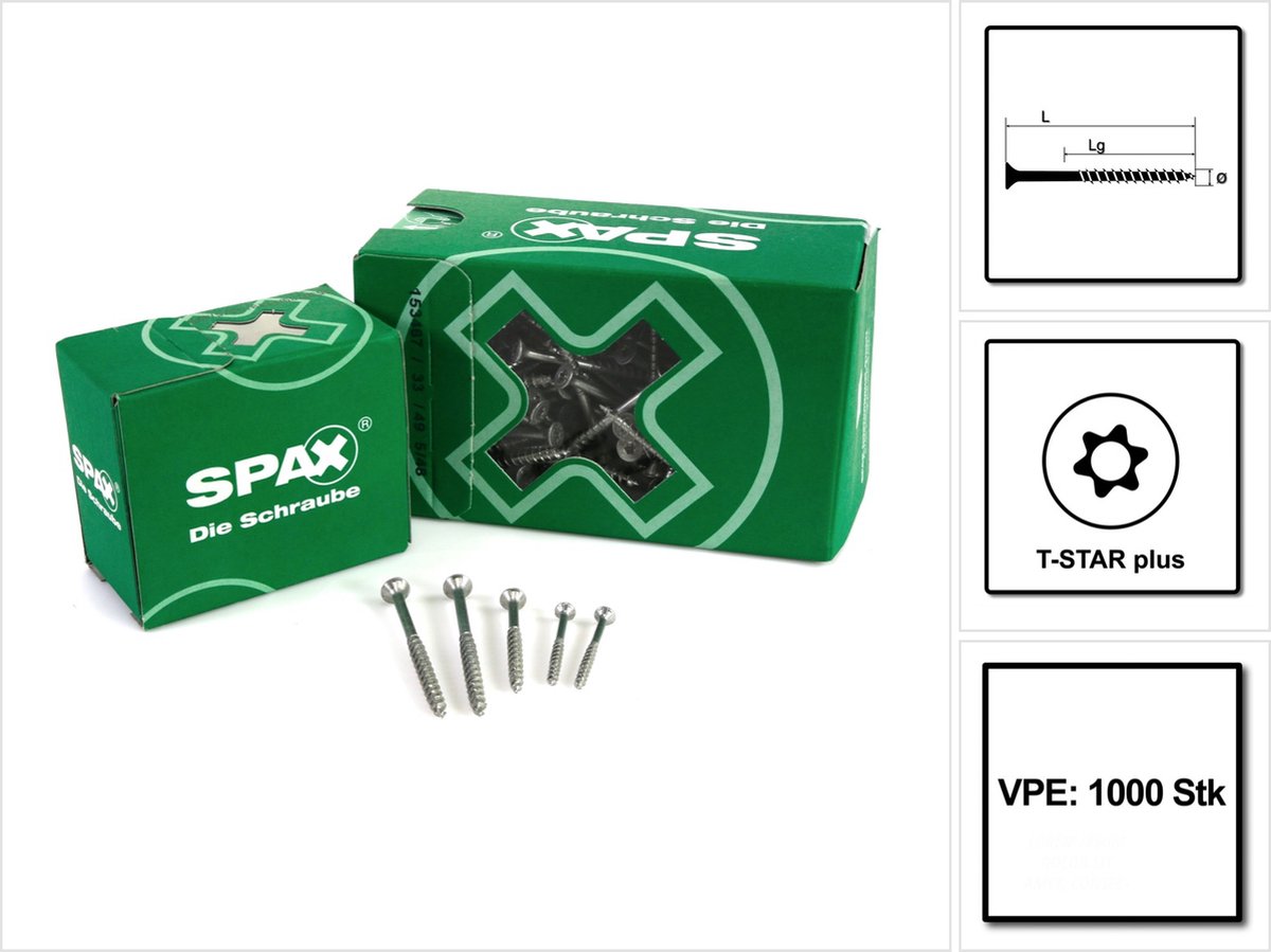 SPAX universele schroef 4,5 x 50 mm 1000 stuks TORX T-STAR plus T20 WIROX verzonken kop gedeeltelijke schroefdraad 4Cut-punt