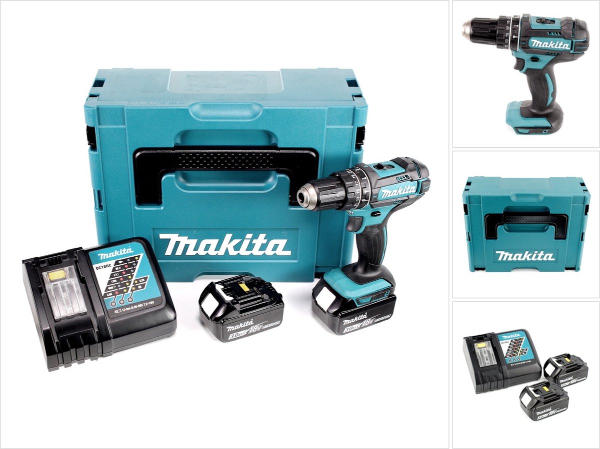 Makita DHP 482 RFJ accu klopboormachine 18V 62Nm + 2x oplaadbare batterijen 3.0Ah + lader in Makpac