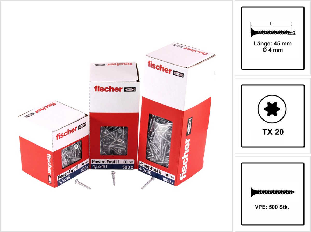 Fischer 500x Power-Fast II FPF II CTF 4 x 45 mm BC verzonken kop met binnenvierkant TX20 volledige draad galvanisch verzinkt blauw gepassiveerd - 670161