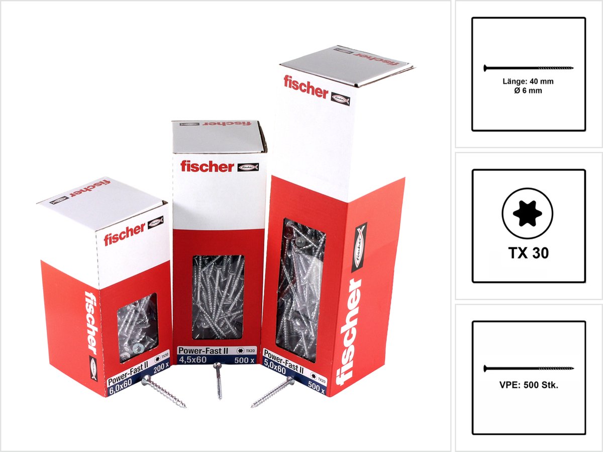 Fischer 500x Power-Fast II FPF II CTP 6 x 40 mm BC platverzonken kop met binnenster TX30 deeldraad galvanisch verzinkt blauw gepassiveerd - 670477