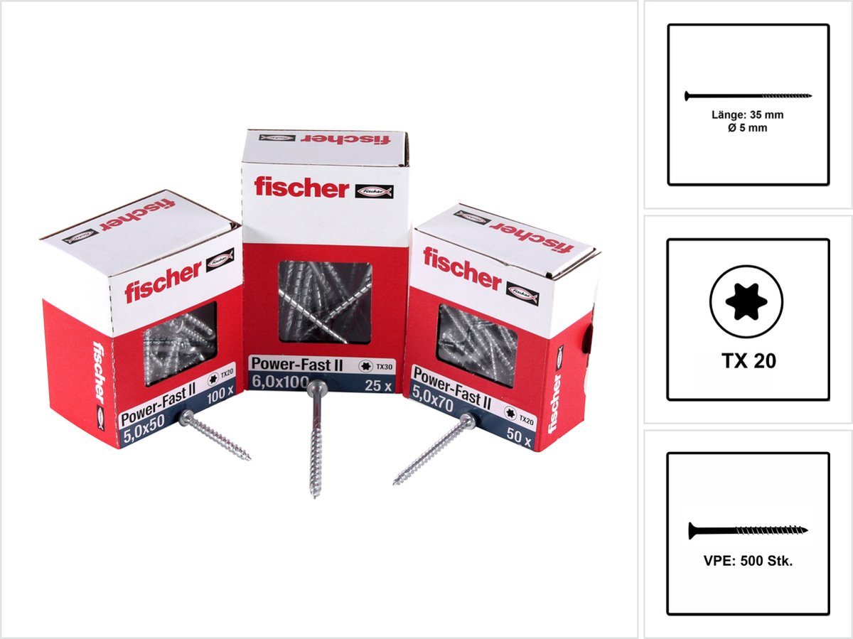 Fischer 500x Power-Fast II FPF II CTP 5 x 35 mm BC verzonken kop met binnenster TX20 deeldraad galvanisch verzinkt blauw gepassiveerd - 670371