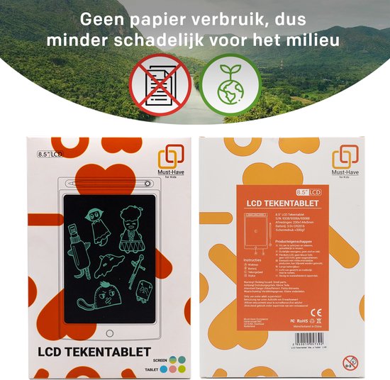 Verpakking van een roze 8.5 inch LCD tekentablet met tekeningen. Voorkant en achterkant van de doos.