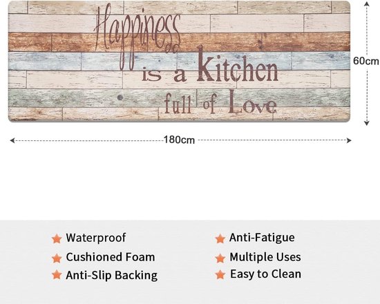 keukenloper keukenmat PVC 10 mm dik antislip waterdicht onderhoudsvriendelijk 60x180 cm, anti-vermoeidheid keukentapijt (Happiness)