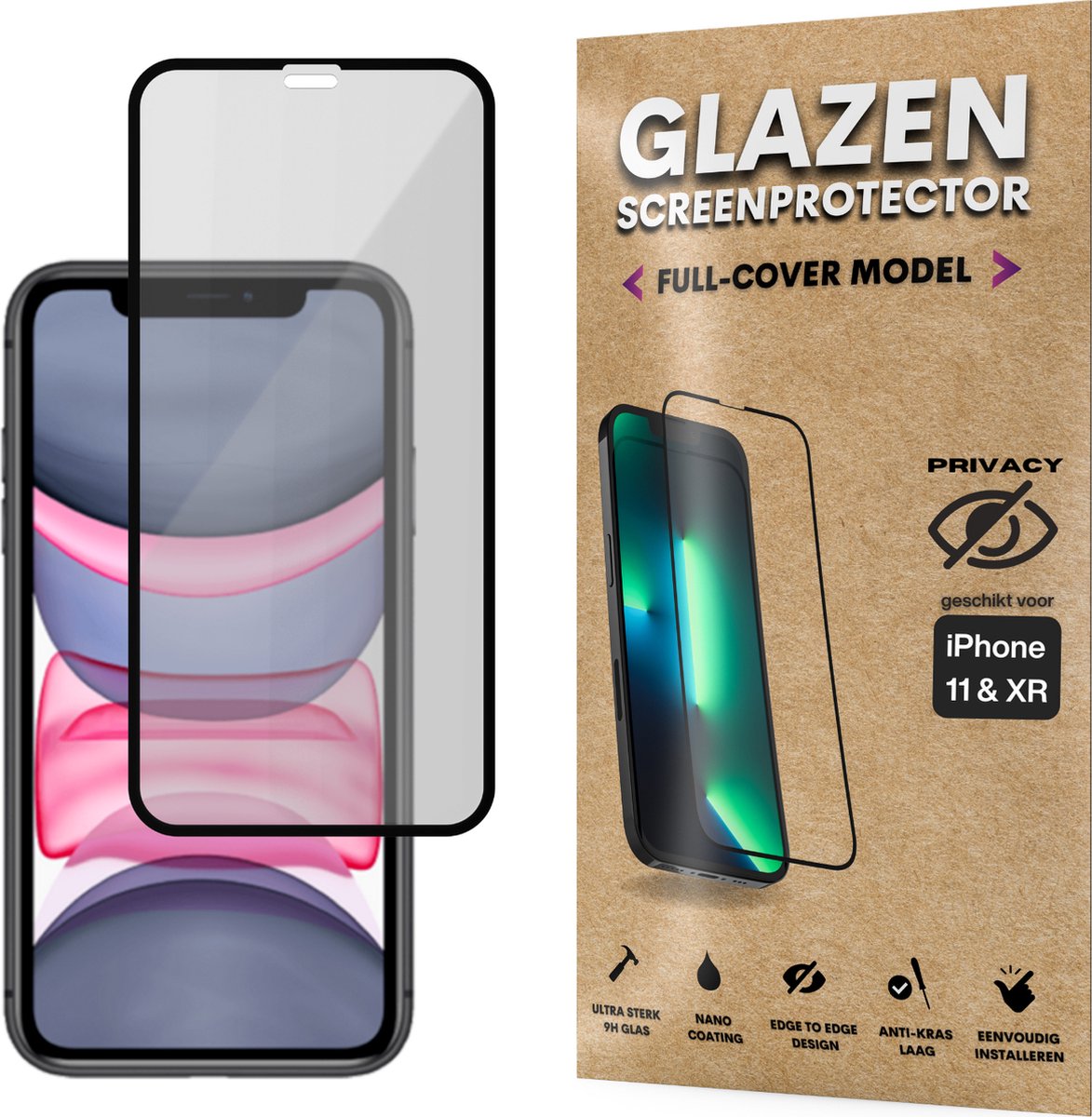 Privacy Screenprotector - Geschikt voor iPhone 11 / XR - Gehard Glas - Full Cover Tempered Privacy Glass - Case Friendly