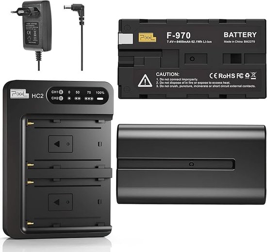 2x NP F970 Pixel camera batterijoplaadset 8400mAh voor NP F970, F750, F770, F960, F550, F530, F330, F570, CCD-SC55, TR516, TR716, TR818, TR910, TR917 etc. voor flitsers, videolampen, veldflitsers monitoren